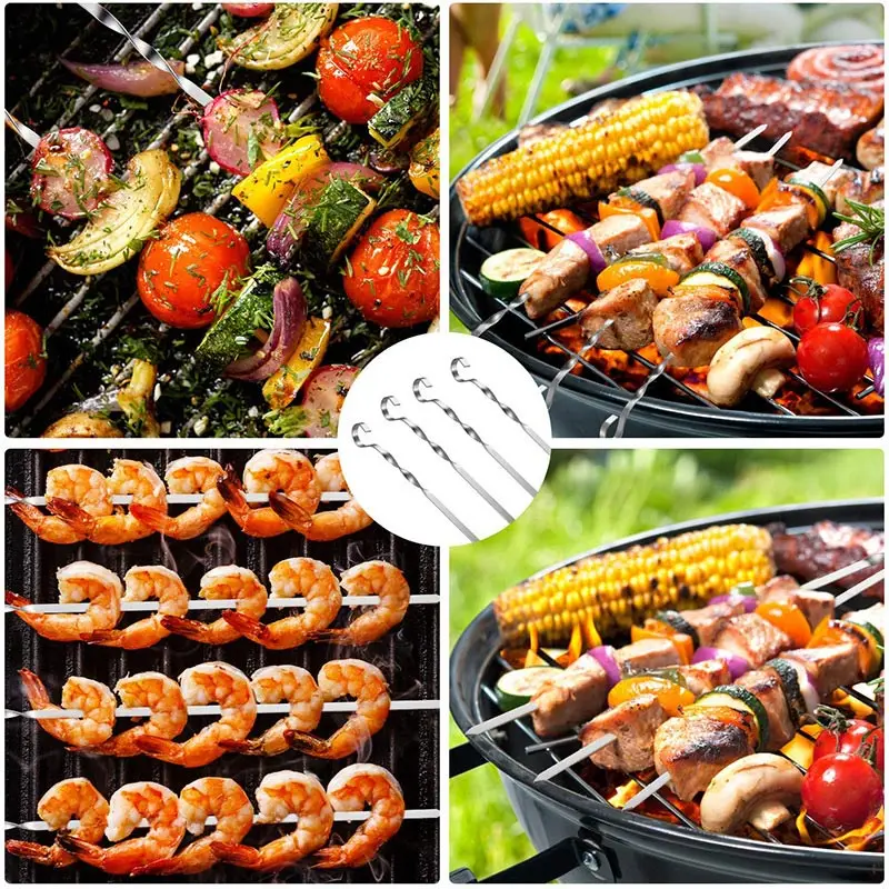 Stainless Steel BBQ Skewers, Flat Baking Stick, Shish Kebab, Outdoor Beef, Lamb Barbecue Skewers Tools, 39cm, 6, 10, 12, 20Pcs S