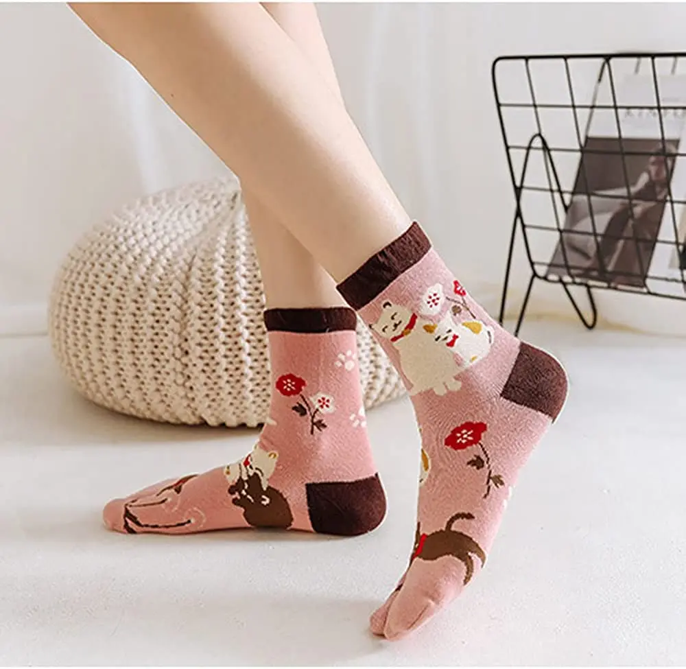 5 Pairs Japanese Style Kawaii Two Toe Tabi Socks for Women Girls Novelty Cute Cat Pattern Cartoon Knitted Cotton Socks with Toes