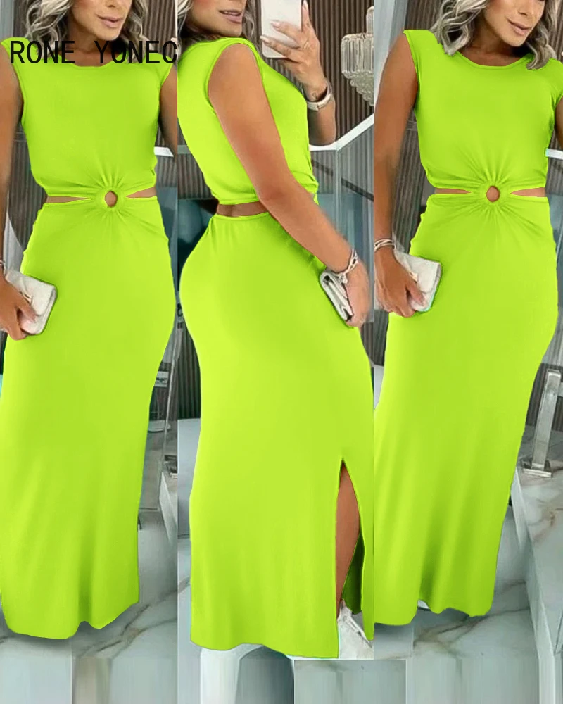 

Женские однотонные сексуальные Макси-платья для отпуска с круглым вырезом и украшением в виде уплотнительных колец, 2024