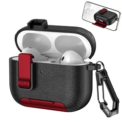 Luxury Leather Textured Earphone Cover with Secure Lock and Invisible Phone Stand - Airpods Pro 3 (Black red)