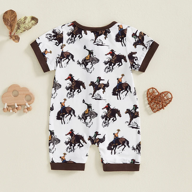 2024-12-03 Lioraitiin Newborn Baby Boy Western Romper Short Sleeve Round Neck Horse Print Jumpsuit Playsuit 3
