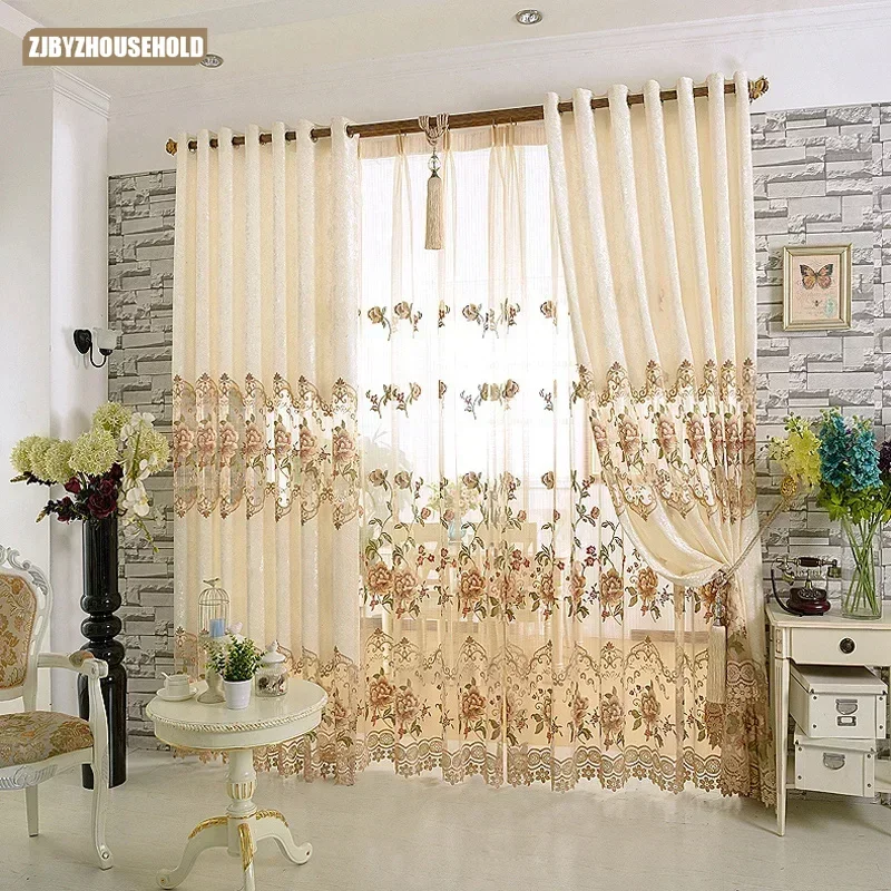 European Style Rice Luxury White Velvet Embroidery Cloth Curtain for Living Dining Room Bedroom Villa High Grade Window Curtains