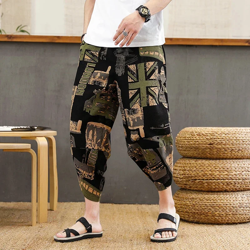 

Harem Joggers Printed Drawstring Drop-Crotch Trousers Men 2023 Summer Loose Streetwear Cotton Linen Casual Pants