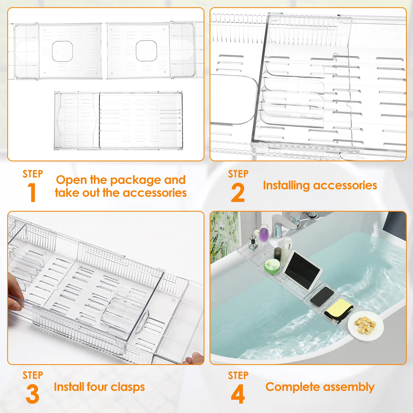 Clear Bathtub Tray Expandable Bath Shelf Over Tub Bathtub Storage Table Multifunctional Bathroom Accessories for Home Bathroom 6
