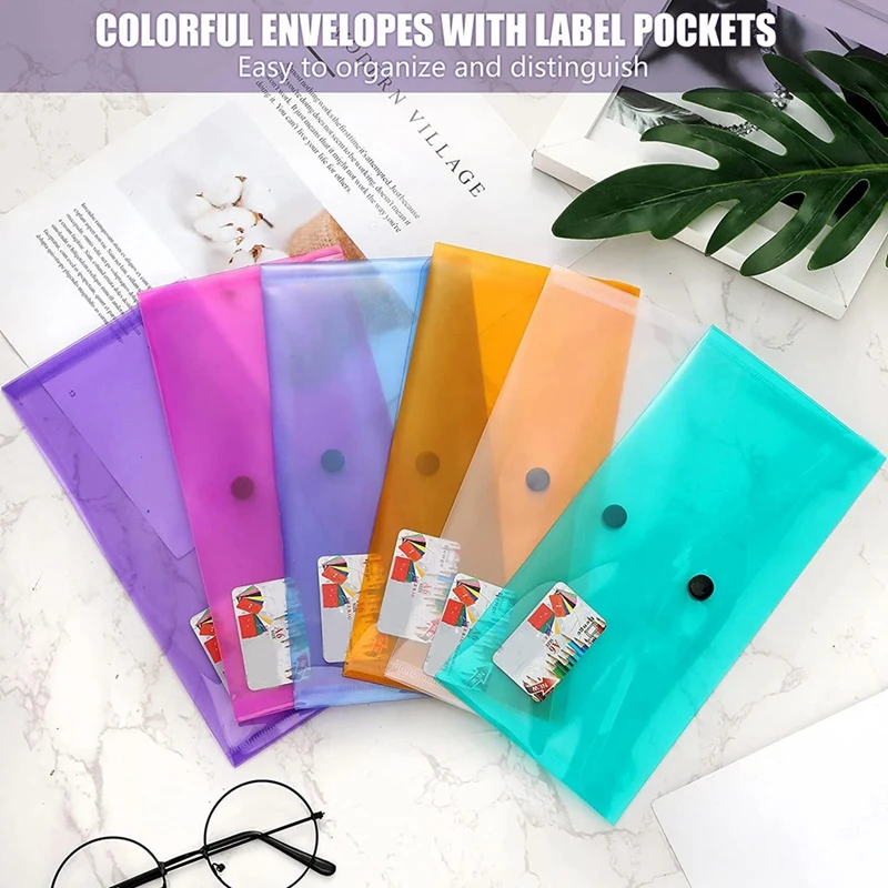 

48Piece Plastic Envelopes With Label Stickers School Office Storage Supplies Plastic Pencil Pouch Document Bag For A6 Size Files