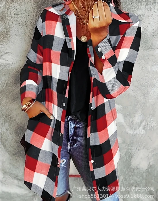 Hot Selling Women's Shirt 2024 Women's Spring Summer Casual Fashion Large Plaid Long Sleeved Shirt Temperament Commuting