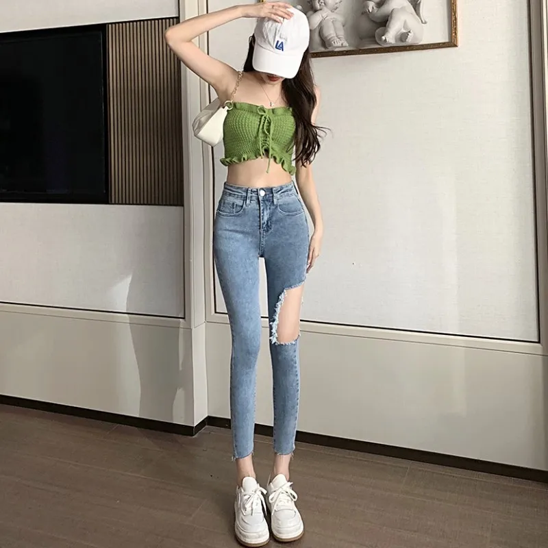 

2022 Spring And Summer Hole Jeans High Waist Elastic Force Show Thinness Self-cultivation Crus Pedis Ninth Pants Free Shipping