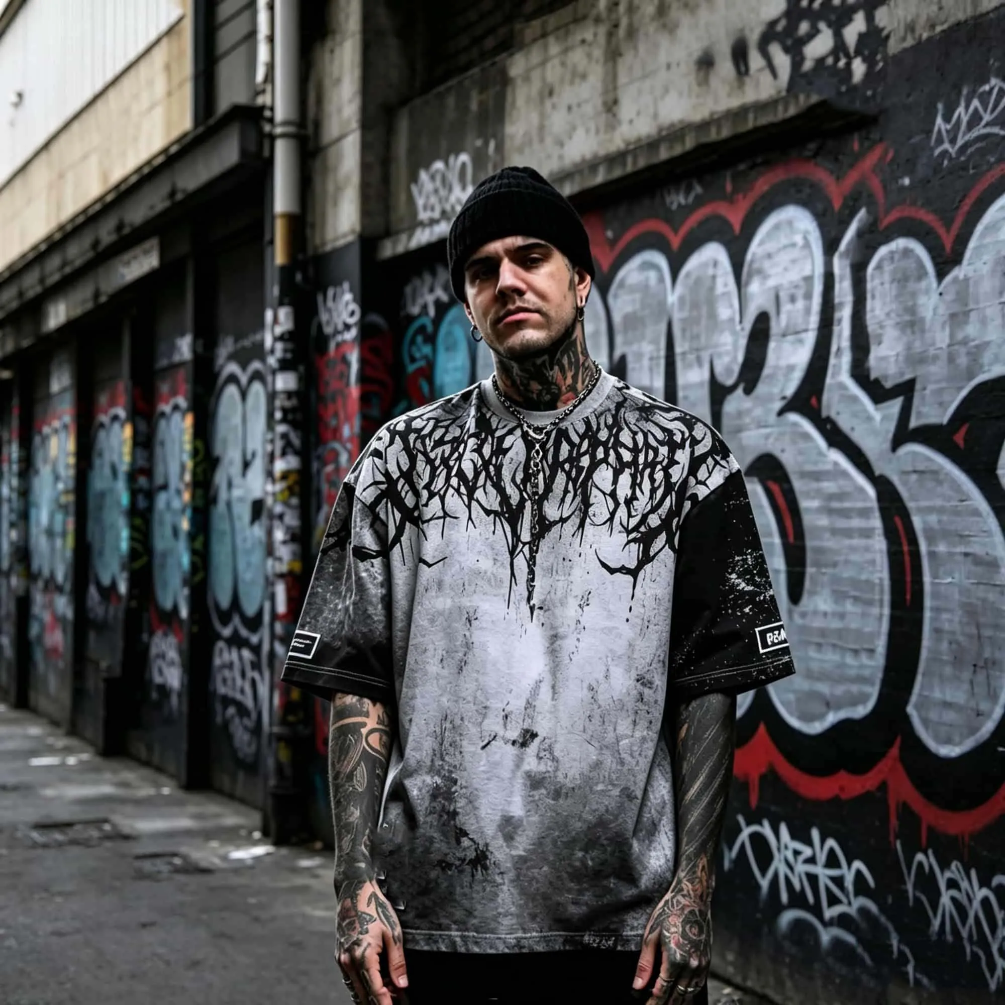 Dunkles Grunge Gothic Ästhetik Herren Oversized T-Shirt mit Dornen- und Ast-Print, Distressed Grau-Schwarz Farbverlauf, Rundhals-Streetwear-Oberteil