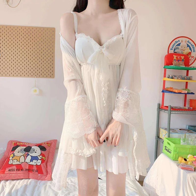 Elegant Sweet Simple Solid White Women Robe Gown Sets Chic Lace Bow Mesh Sleepwear Breathable Slim Nightdress 2
