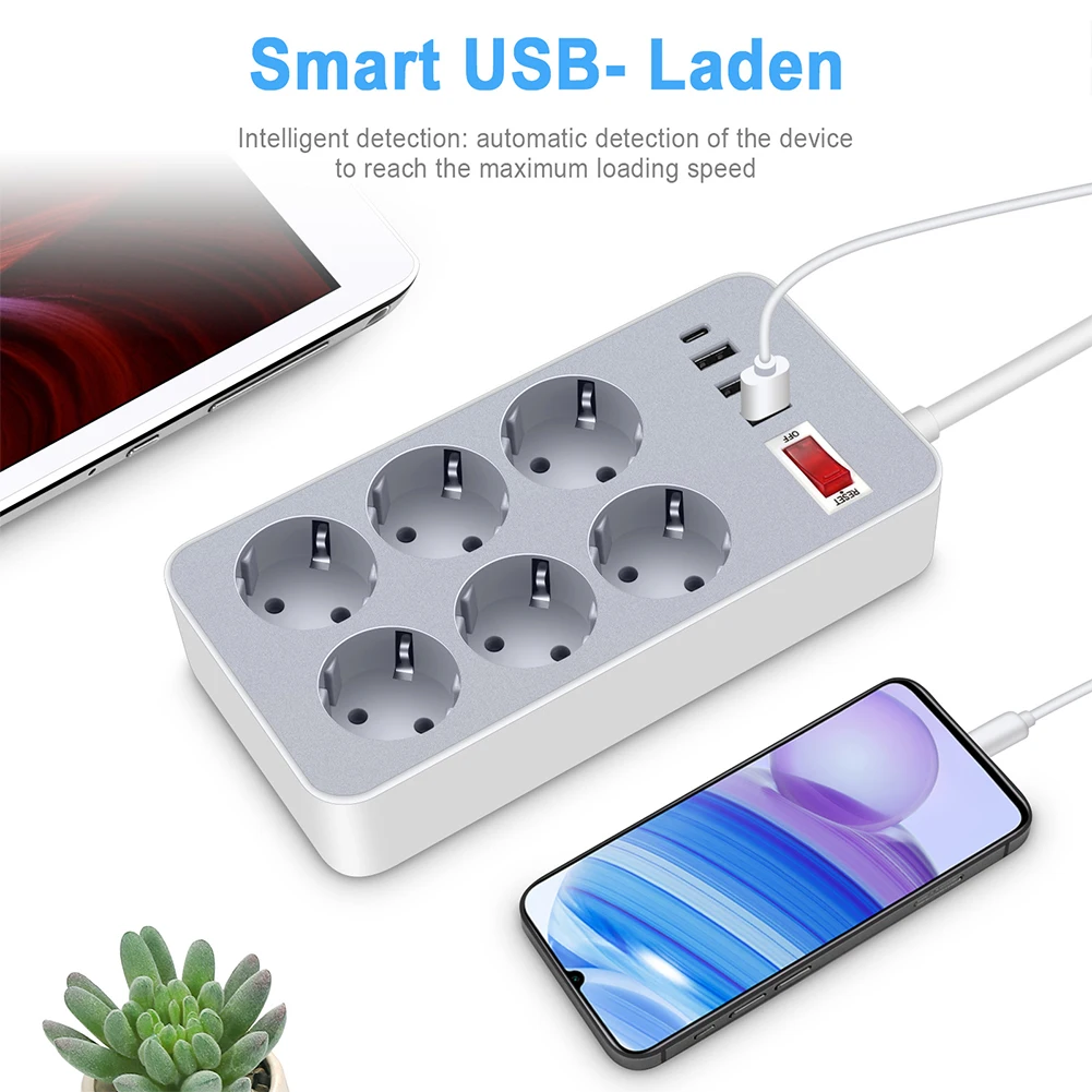 Power Strip US/EU Power Strip 10A 110V 220V 3 USB Type-C Power Smart Patch Panel 2000W Surge Protection Plug Charge Electrical Socket