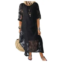 Women's L-5XL Plus Size Summer Round Neck Short Sleeve Lace Long Dress Vintage Handmade Hollow Flower Dress Lace Loose Casual - Image 6