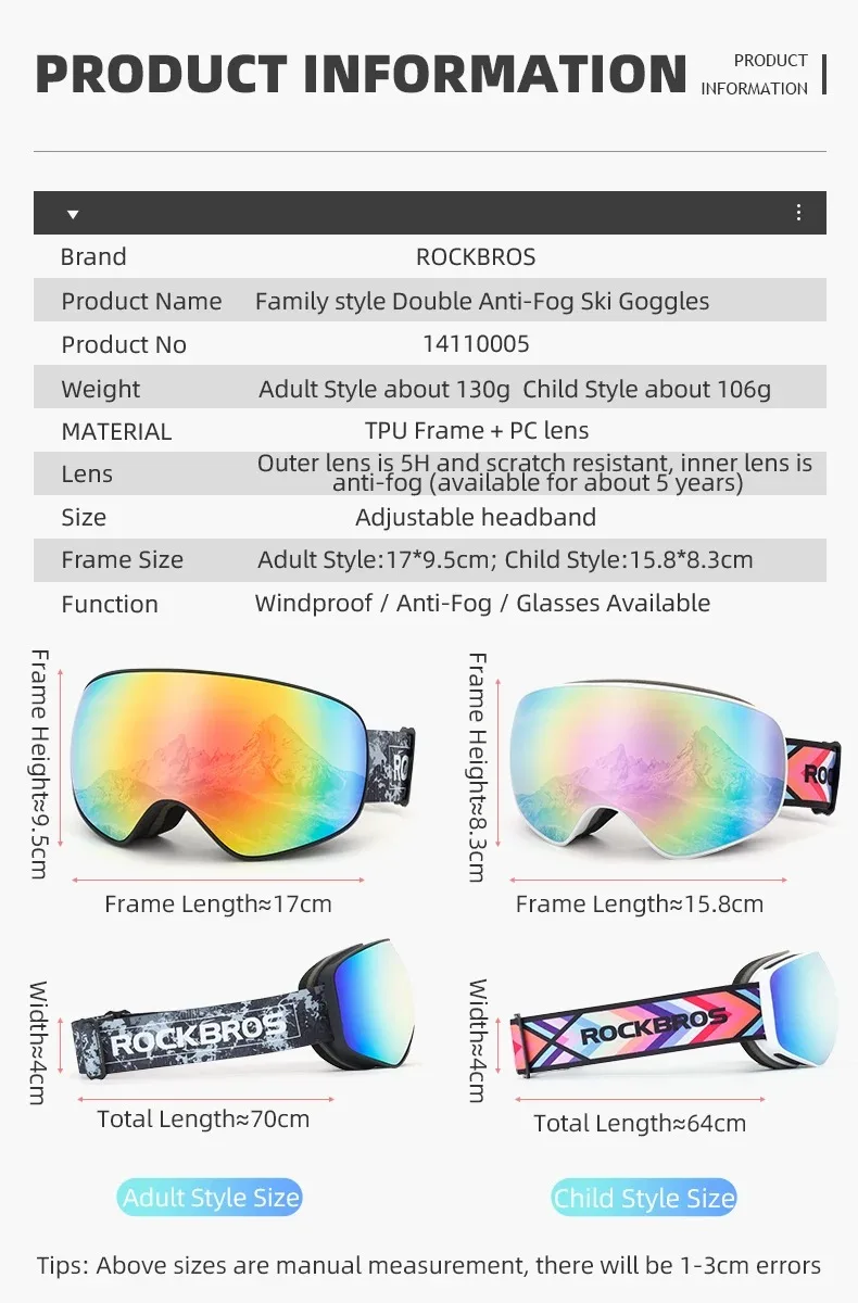 ROCKBROS Skibrille Herren Damen Snowboardbrille Brille Skifahren UV400 Schutz Skifahren Schneebrille Antibeschlag Skibrille – Detail 4
