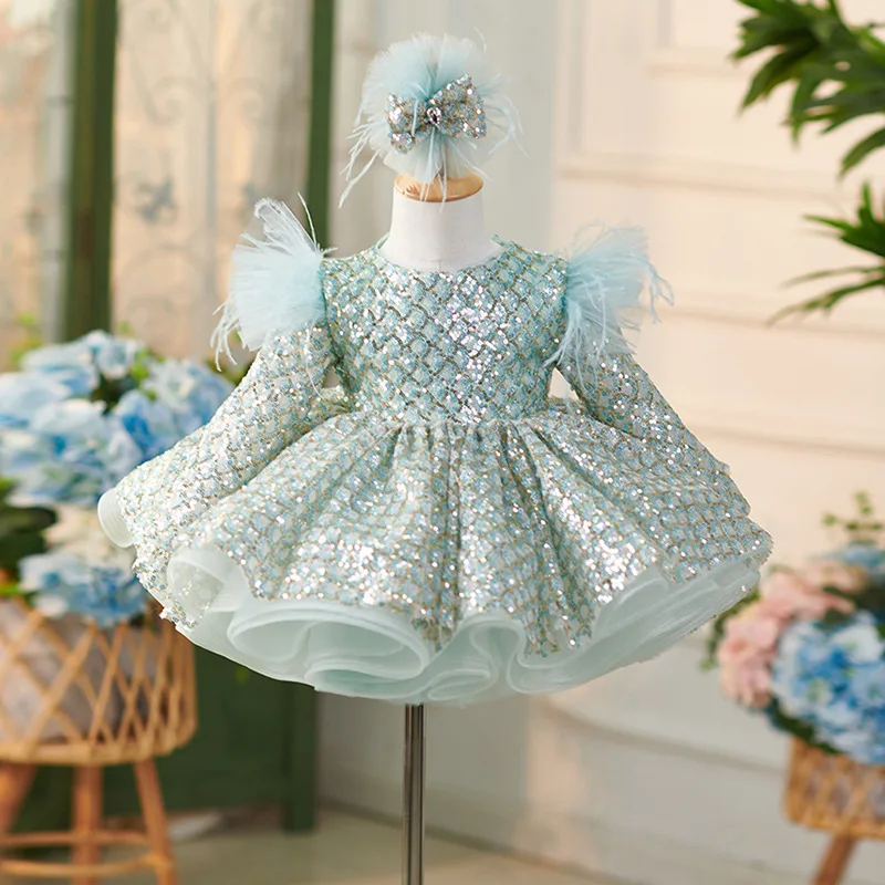 Luxury Elegant Girl Dresssequin Long Sleeve Birthday Baptism Gown Christmas  Gift | eBay