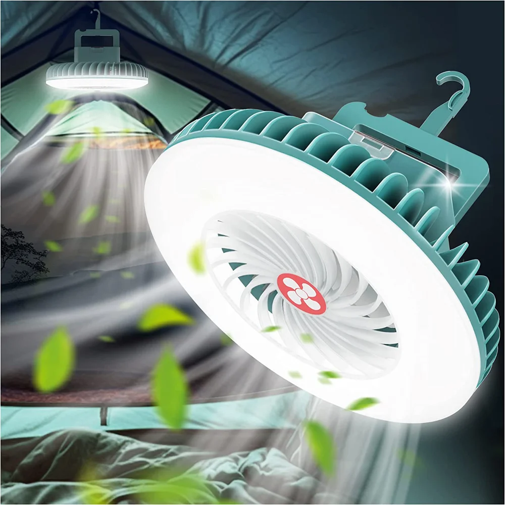 

Outdoor Portable Camping Tent Fan with LED Light USB Rechargeable Emergency Lantern with Hook Tripod Multifunction Lighting Fan