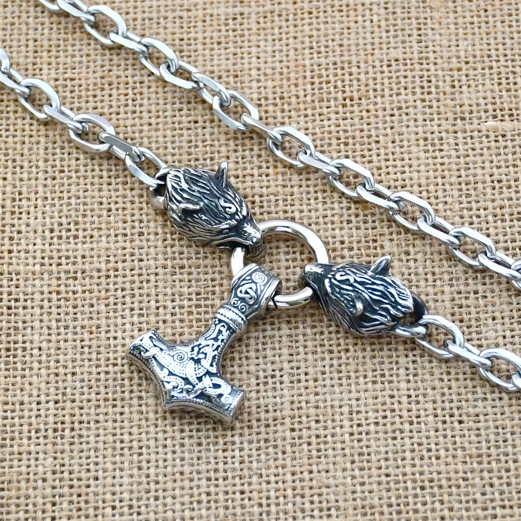 Nordic Celtic Wolf Head Chain Necklace Stainless Steel Viking Thor's Hammer Amulet Pendant Necklace Viking Jewelry