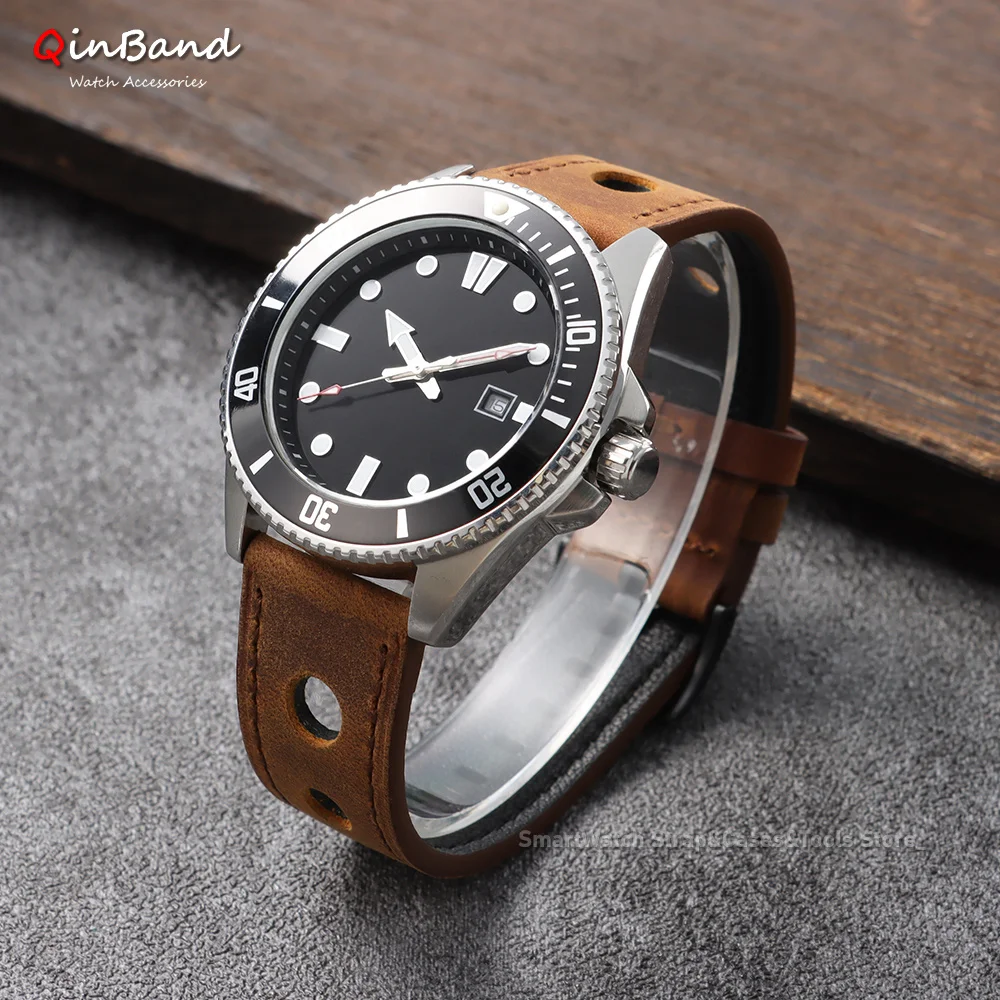 Handmade Stitching Leather Watch Band with Breathable Design - Brown, Black, Blue