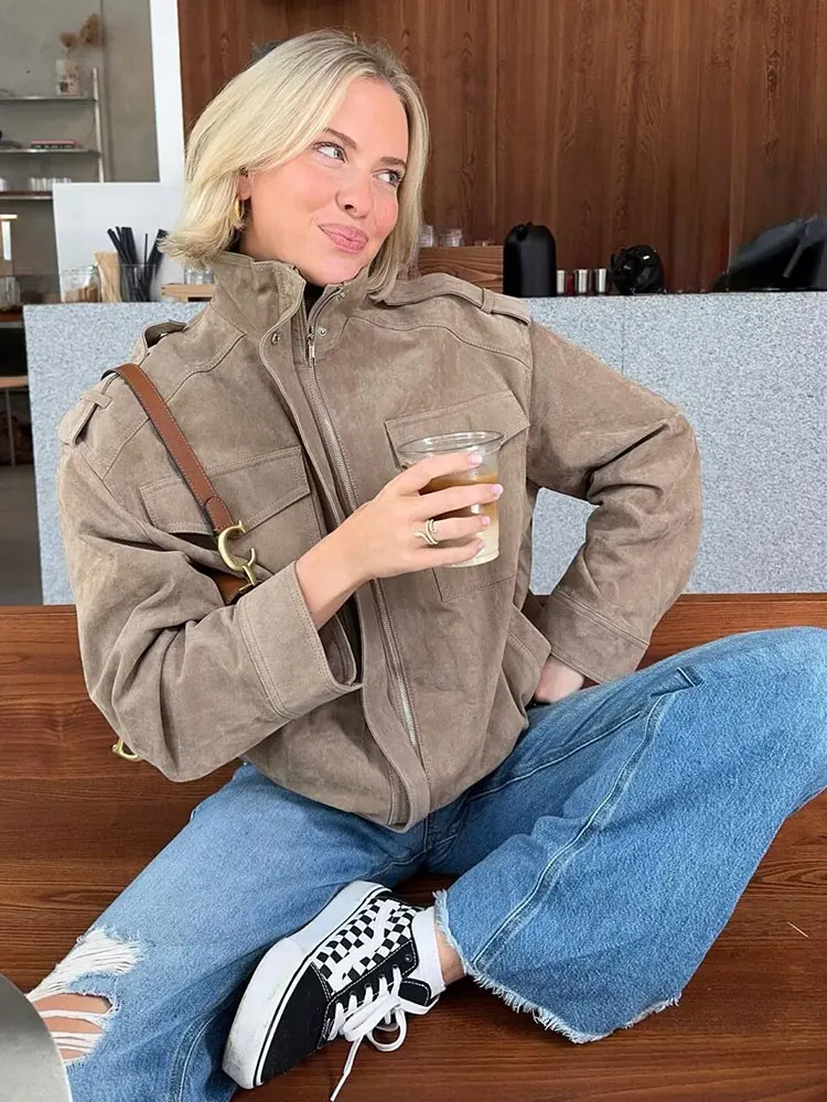 HH Autumn Women Vintage Solid Coats Turtleneck Long Sleeve Zipper Jacket With Pocket Female Fashion High Street Lady Outwear