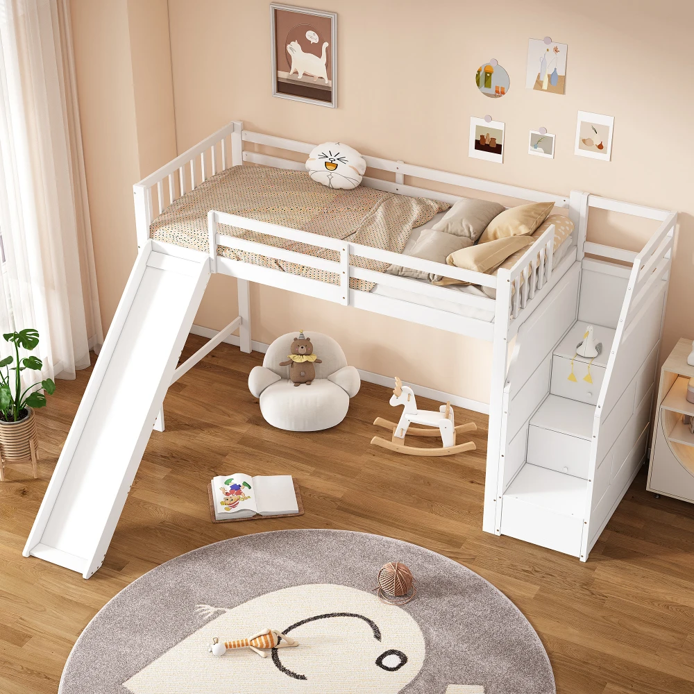 Etagenbett 90 x 200 cm – Sicherheitsbett für Kleinkinder mit Rutsche, abnehmbarem Zaun und optionaler Schienenposition, Stauraum, keine Matratze – Detail 28