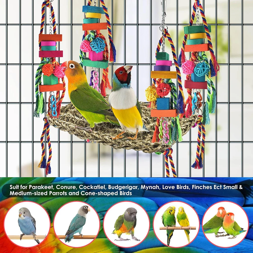 Bird Swing Toys Colorful Parrot Seagrass Mat Hammock with Blocks Bird Cage Accessories Suitable for Small to Medium Birds