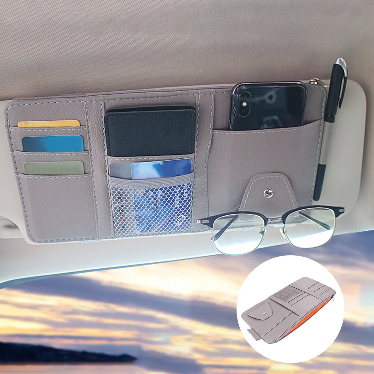

Car Sun Visor Organizer Auto Interior Accessories Pocket Organizer Storage Holder with Net Zipper for License Pen Key ( Grey )