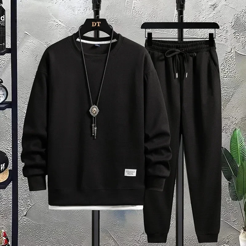 Spring and Autumn Fashion New Men's Brand Round Neck Hong Kong Style Waffle Set Casual and Handsome Sports Two Piece Se