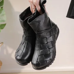 Vintage Handmade Brown Ankle Leather Boots - Retro Women's Fur - Lined Cowhide Booties - 38 (Black (Fabric))