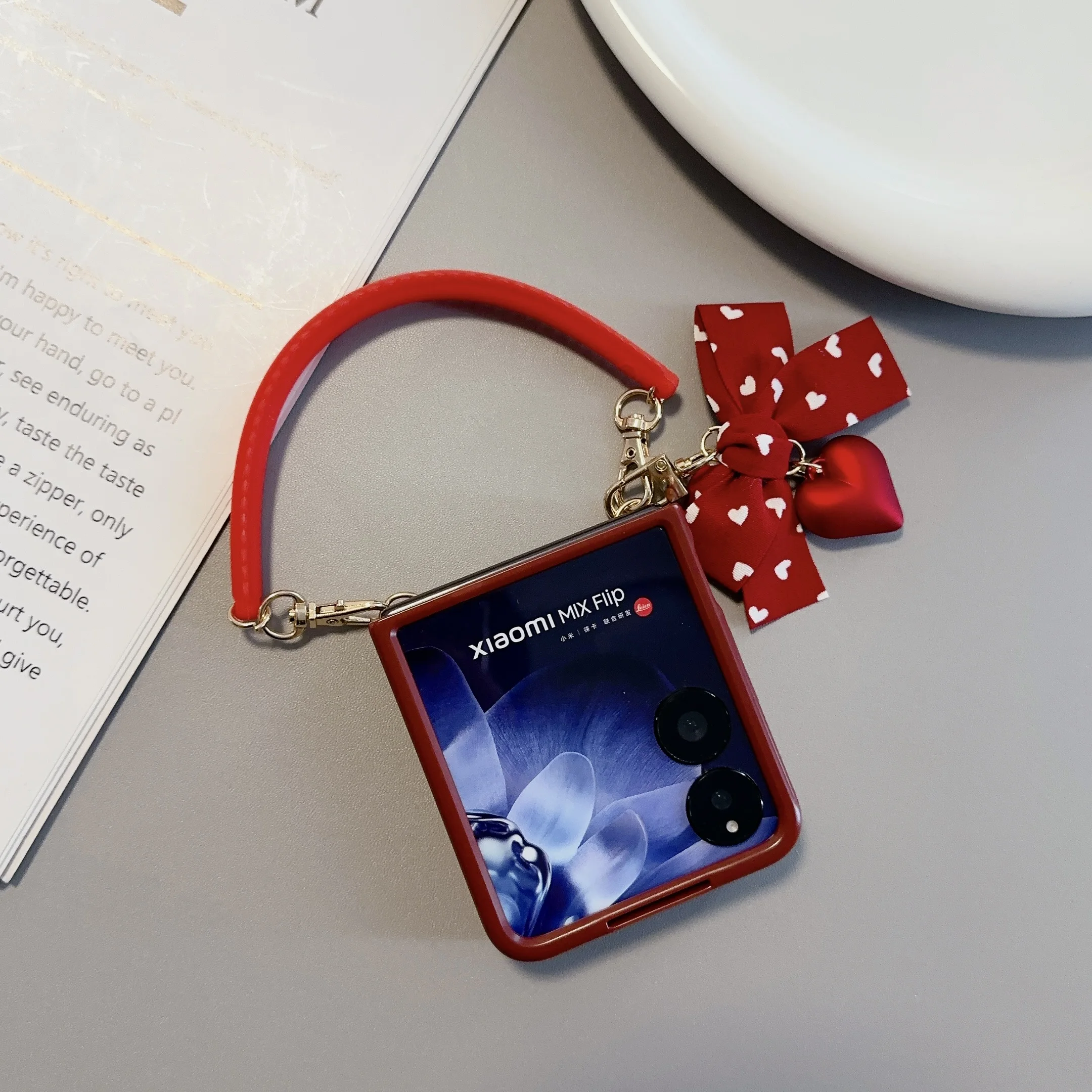 Love Artificial Leather Phone Case with Bracelet - Shockproof Folding Hard Cover Accessory