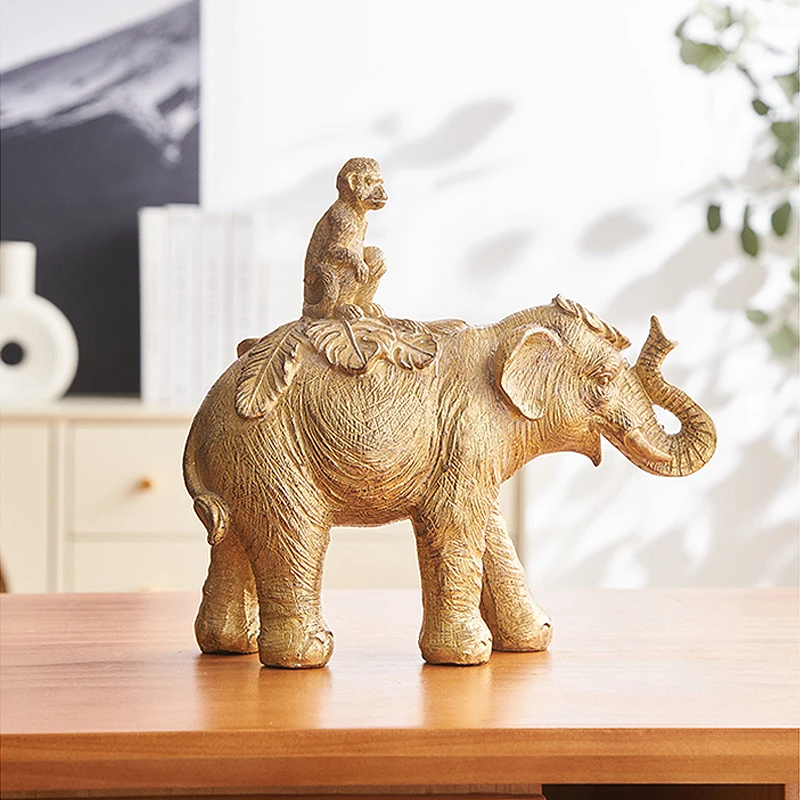 

Gold Animal Home Decoration Figurines Resin Art Technics Luck Monkey and Elephant Sculpture for Office Bookshelf Desk Ornament