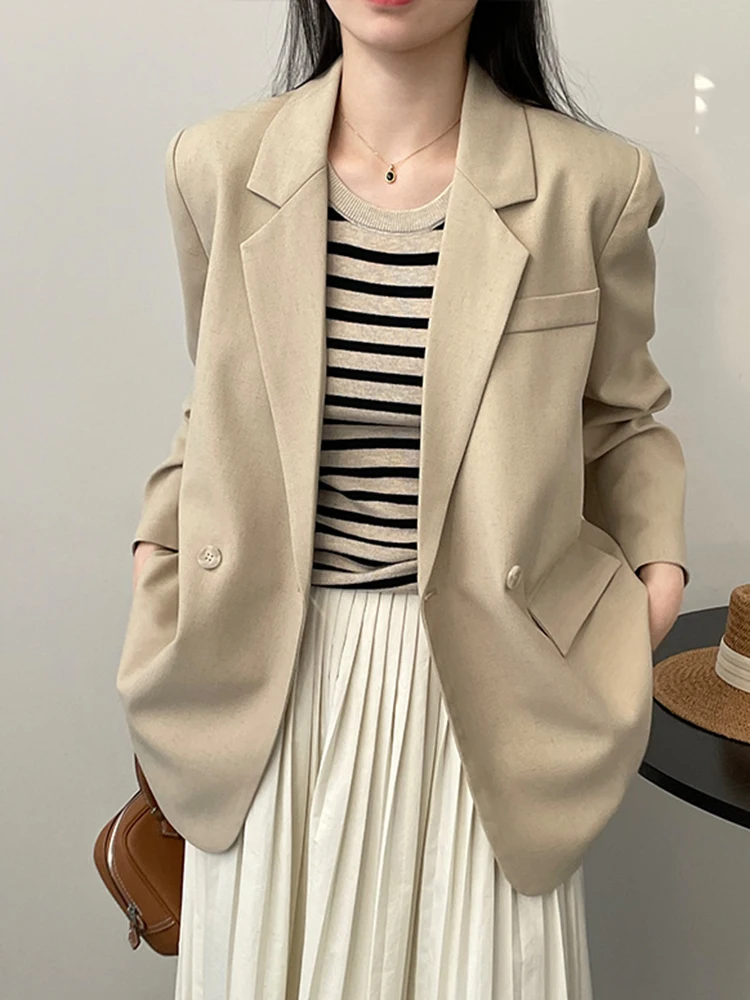 [LANMREM] Back Button Design Blazers For Women Solid Double Breasted Minimalism Office Lady Jackets 2024 Spring New 26D8658