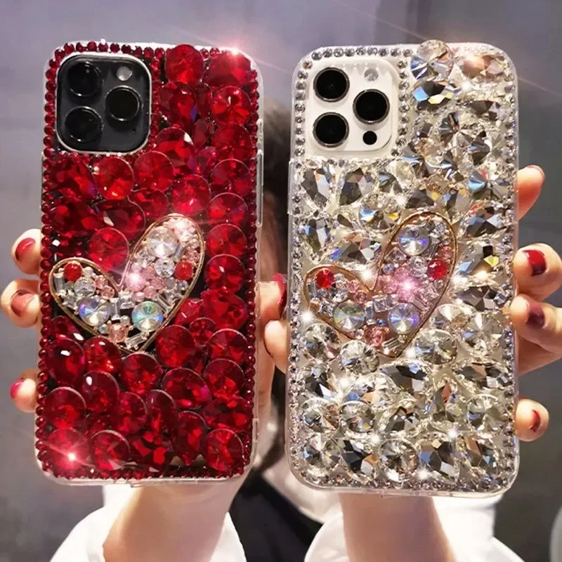 Bling Glitter Diamond Love Phone Case For iphone 15 13 Pro 12 Mini 11 14Pro MAX XSMAX XR For iphone 16 PLUS Rhinestone Cover