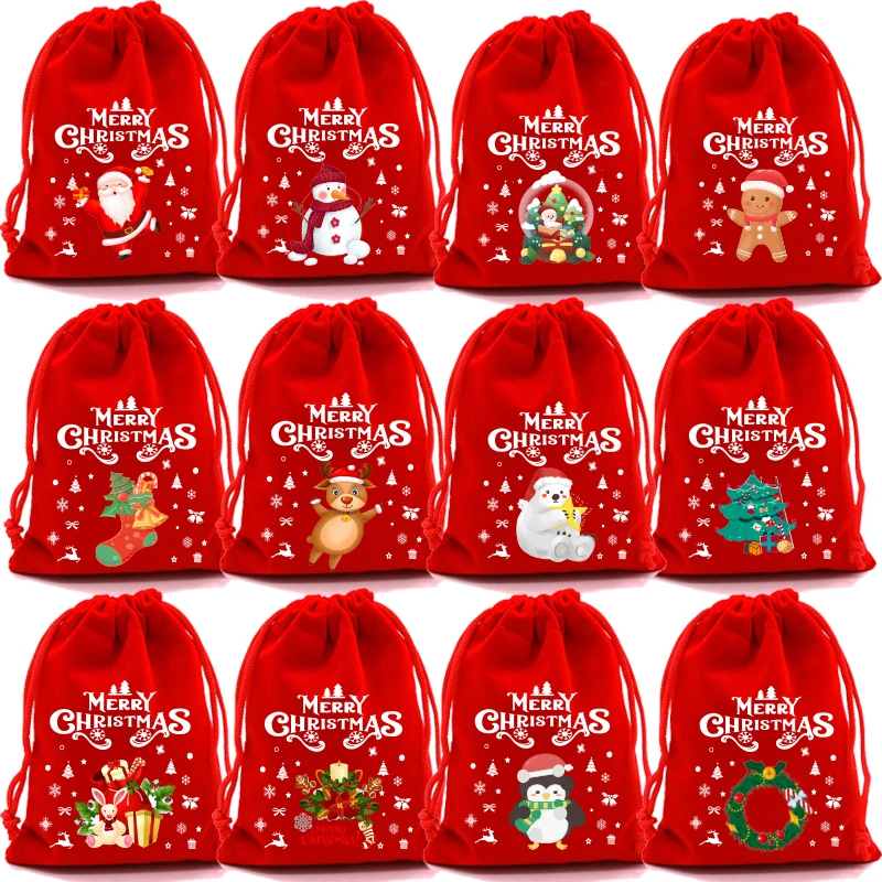 thumbnail image 1 of 4 piezas/lote de bolsas de terciopelo navideñas de 9 x 12, 10 x 16, 13 x 18 cm, bolsa con cordón para regalo de dulces navideños, bolsas de regalo de Feliz Año Nuevo y Feliz Navidad, 1 of 5