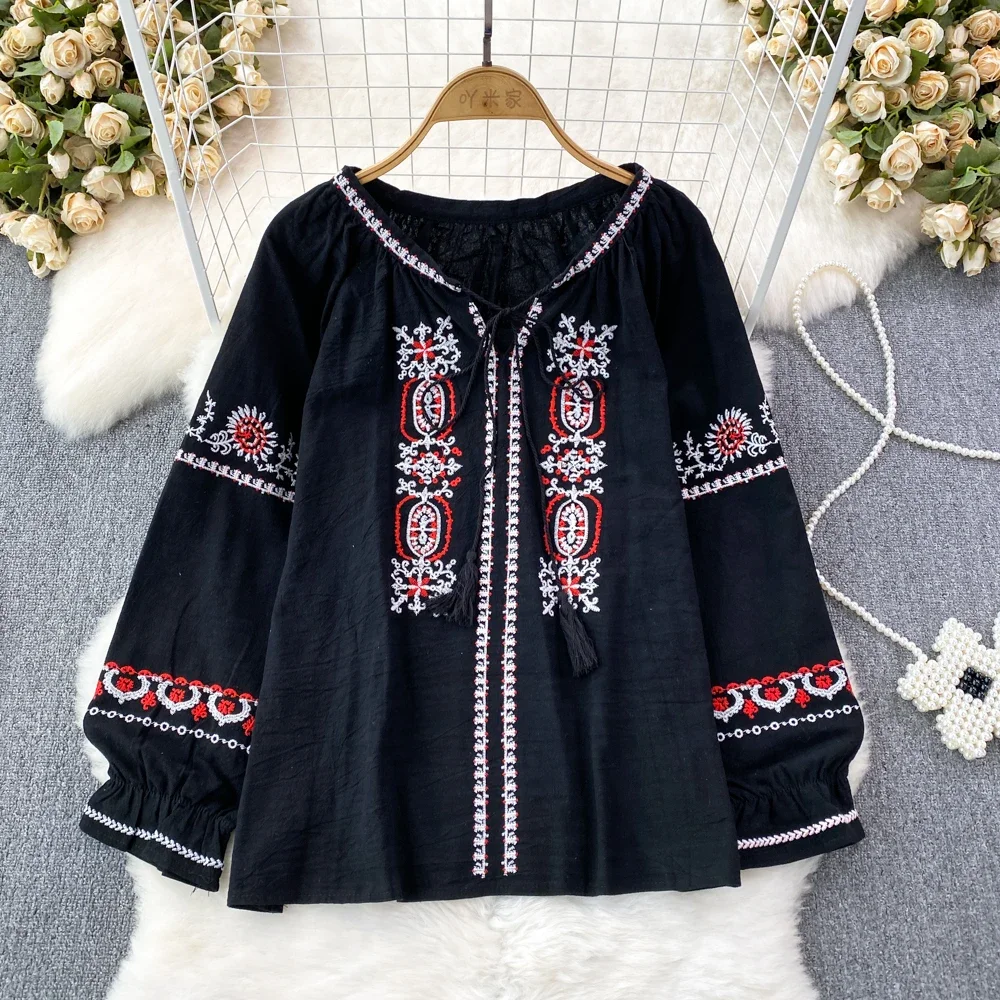 Chic Sweet Embroidery Tassels Long Sleeve Loose Blouse