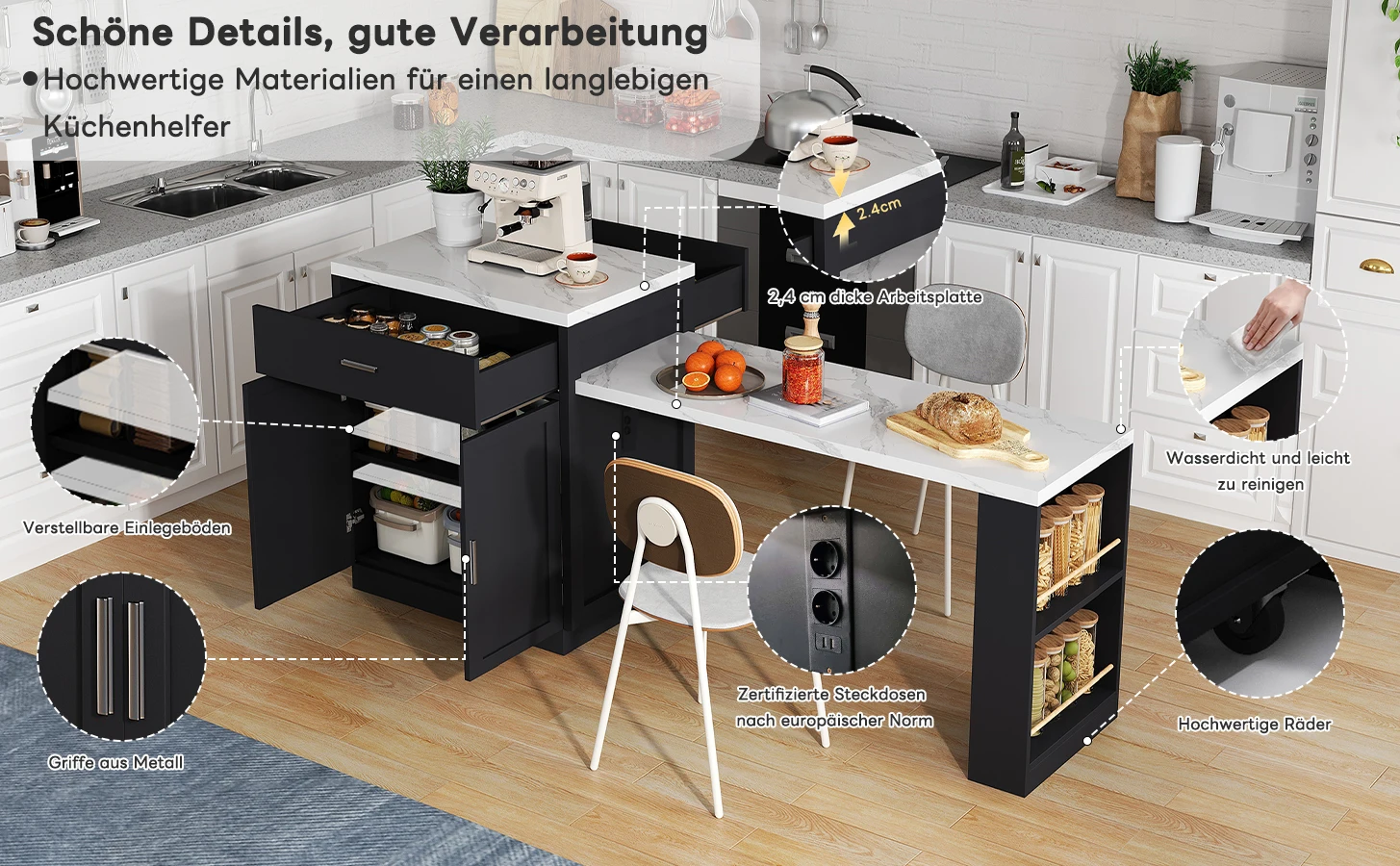 Kücheninsel mit ausziehbarem Esstisch für 4–6 Personen, zweifarbiger Design-Steckdosen-Aufbewahrungsschrank, 2 Schubladen, 2 seitlich offene Regale – Detail 5