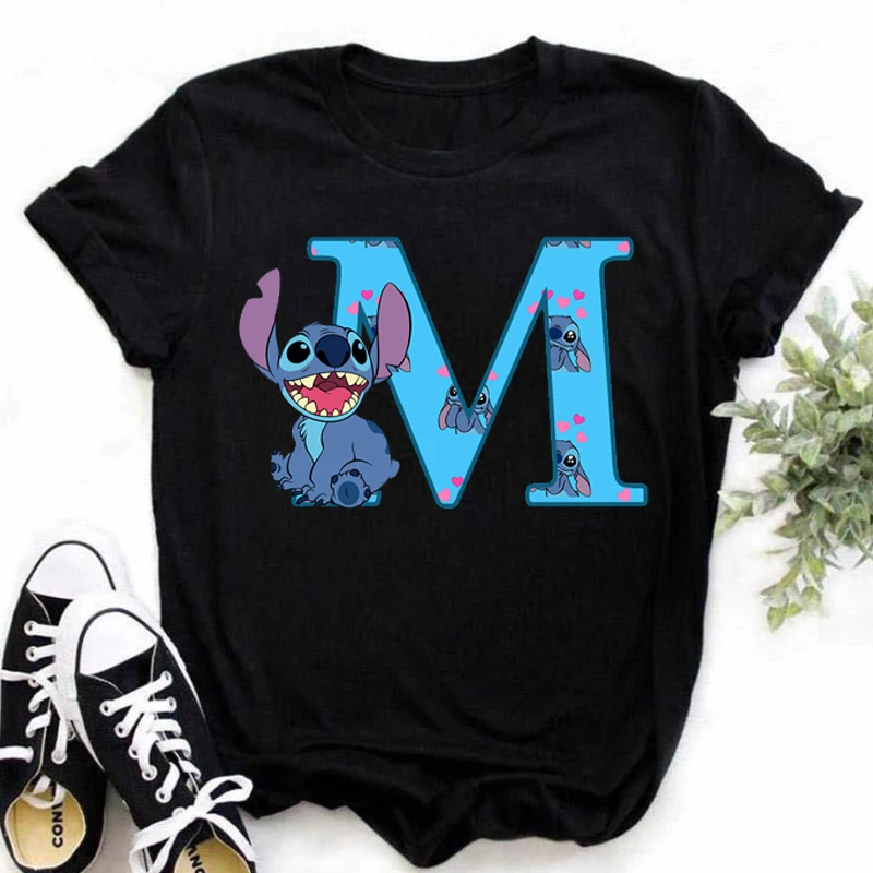 Disney Lilo & Stitch A-Z English Letters Short Sleeve Women Print T Shirt Casual Female Top Tshirts Cartoon Tee T-Shirt 2