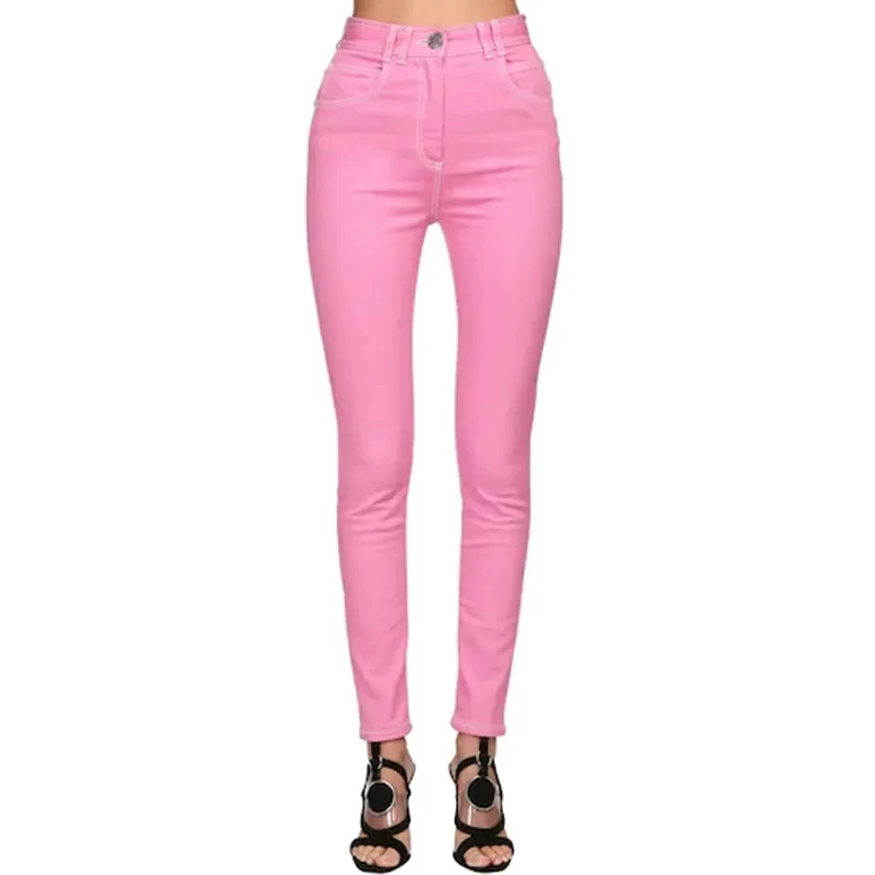 HIGH QUALITY Newest 2023 Designer Women's Top Stitching Contrast Pink Denim Jeans Pants newest fashion thin belts for women gold rectangle buckle patent leather adjust cummerbunds female designer brand ceinture femme