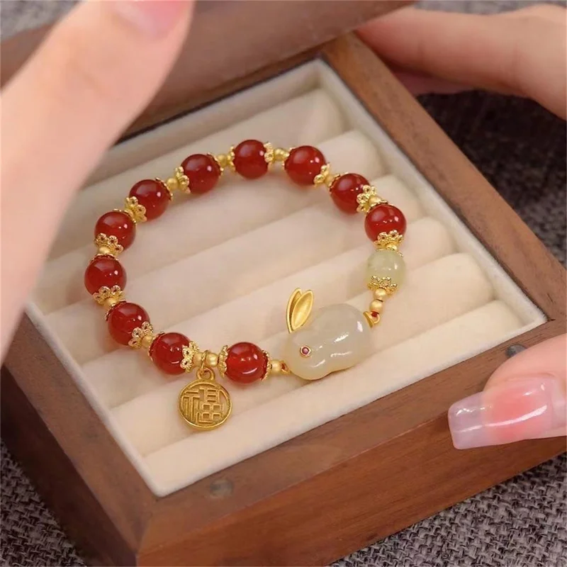 2023 Lucky Red Bead Rabbit Bracelet for Women Exquisite Chinese Style Blessing Pendant Bracelet Valentine's Day Jewelry Gift