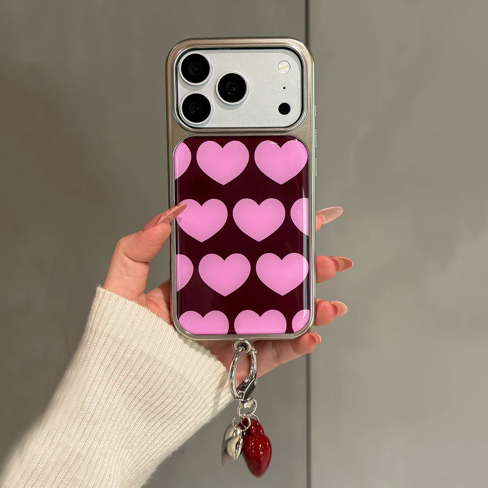 Chic Pink Love Heart Wine Red Hard Plastic Phone Case with Electroplated Frame and Drip Glue Back Cover