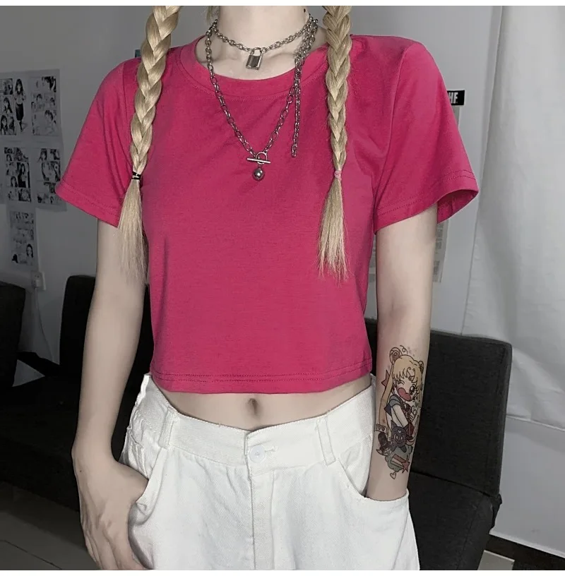 9 Colors Solid Crop Top Women Summer Sexy T-shirt Woman Short Sleeve O-Neck Tee Shirt Femme Skinny Basic Tshirt Korean Clothes - Image 5