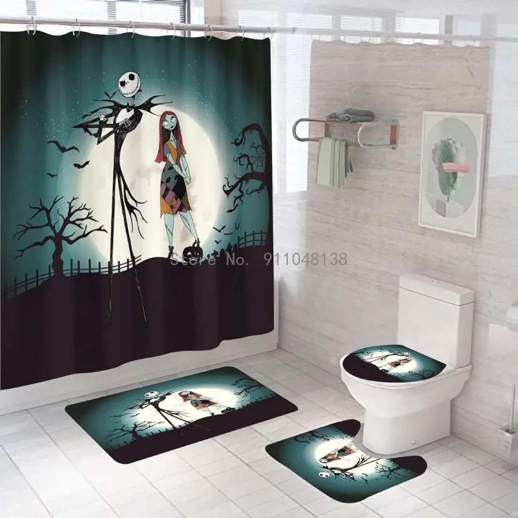 Hot Nightmare Before Christmas Zombie Bride Jack Shower Curtain Sets Bathroom Halloween Decor with Hooks for Bathroom Waterproof