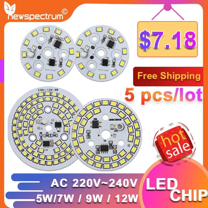 5pcs/lot LED Chip for Lamp Bulb 5W 7W 9W 12W SMD 2835 Round Led Light PCB Board AC 220V-240V DIY Bulb Chip Lighting Spotlight 5pcs lot ad8672armz ad8672arm ad8672 ad86 ad msop 8 ic chip