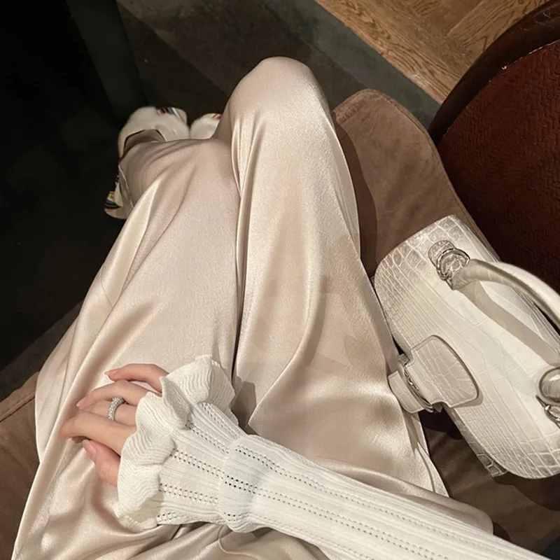 

Women Clothing Satin Pants White Wide Leg 2023 Spring Summer New Fashionable Drape High Waist Thin Straight Long Simple Pants