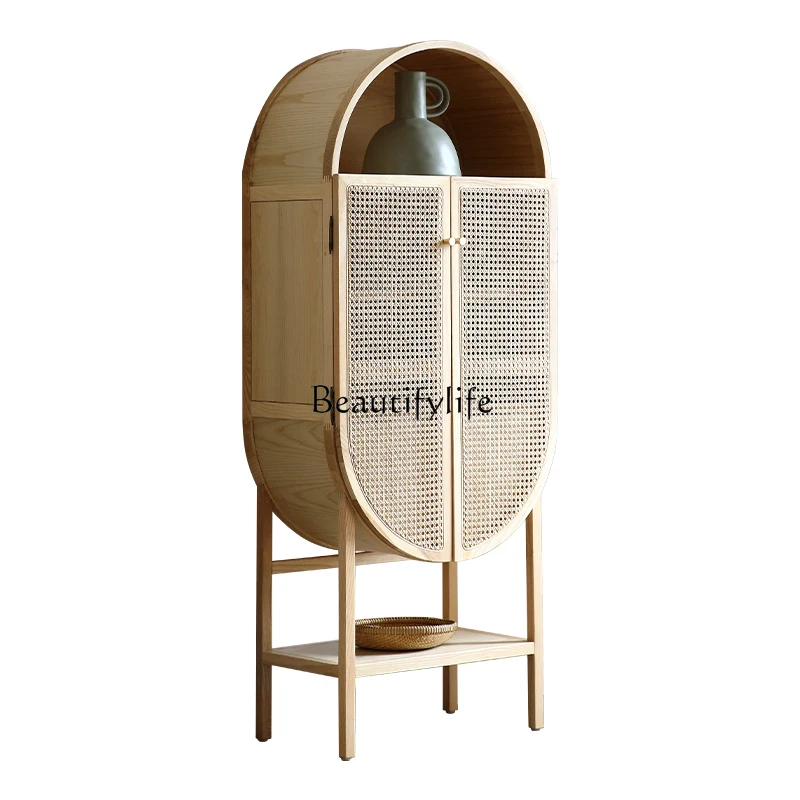 

Solid Wood Dining Side Silent Style Living Room Locker Nordic Rattan Storage Cabinet against the Wall