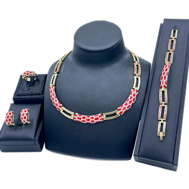 

Fashion Red Crystal Jewelry Sets Dubai Women Necklace Earrings Ring Indian Simple Costume Gold Color Sets Wedding Jewelry Gift