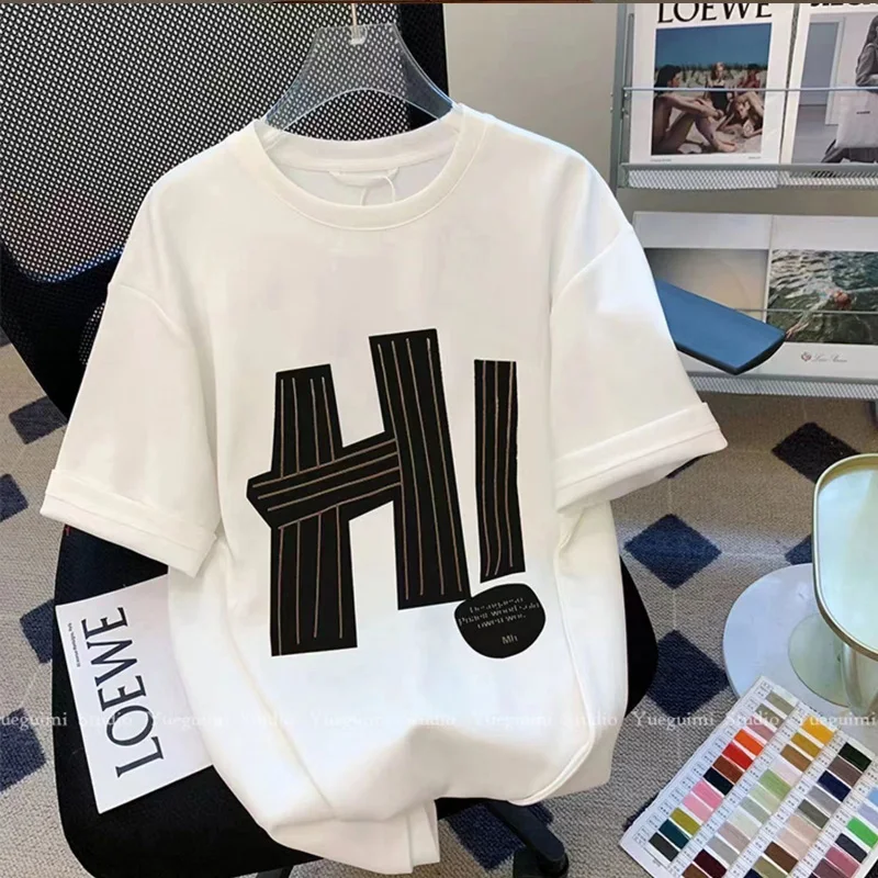 Summer New Round Neck Fashion Short Sleeve T-shirt Man High Street Casual Loose Printing Pullovers Pure Cotton All-match Tops