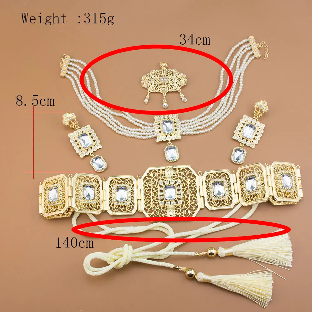 Sunspicems Gold Color Moroccan Bridal Jewelry Sets Arab Crystal Caftan Rope Belt Bead Chain Choker Necklace Long Earring Brooch