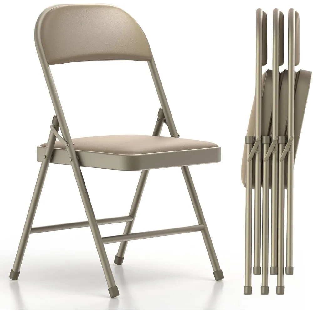 4 Pack Folding Chairs with Padded Cushion and Back, Khaki Metal Chairs with Comfortable Cushion for Home and Office
