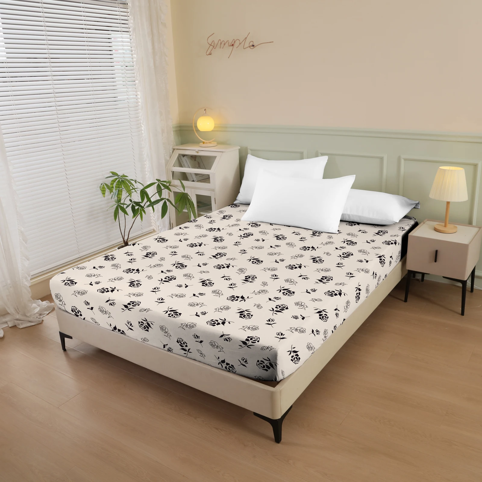 Drap-housse simple brossé épais imprimé de style floral (noyau d'oreiller et taie d'oreiller non inclus) Protecteur de lit en fibre de polyester 1 pièce Housse de matelas de literie respirante en polyester ultra douce et confortable adaptée aux chambres et aux chambres d'amis, plusieurs couleurs disponibles en quatre saisons