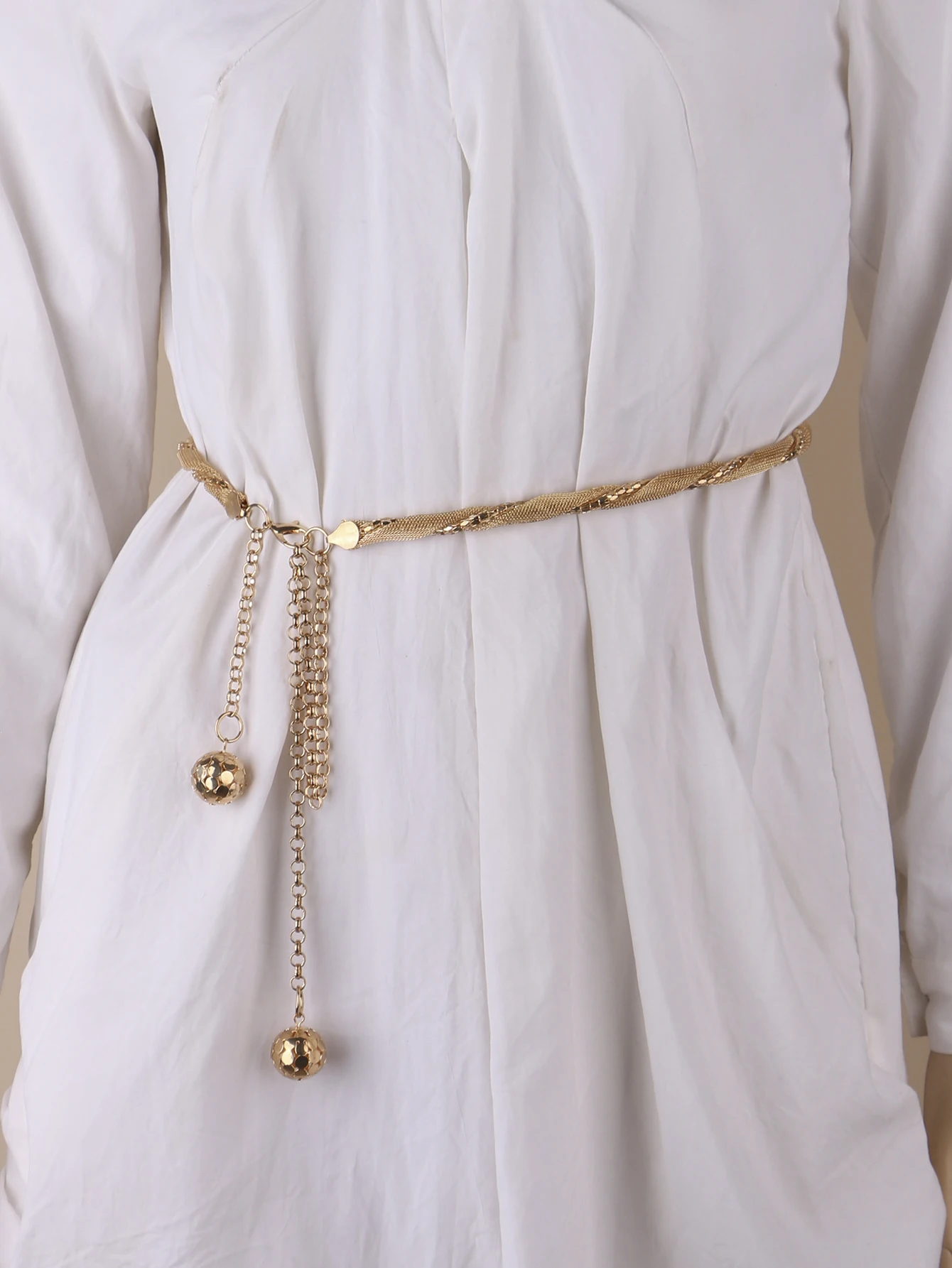 Network Woven Metal Rope Gold Chain Belts For Women Fashion Ball String Ending Thin Ladies's Waistband Decorate on Dress Shirt