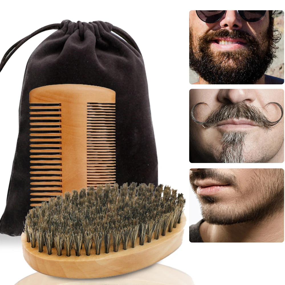 

Professional Soft Boar Bristle Wood Beard Brush Hairdresser Shaving Brush Comb Men Mustache Comb Kit With Gift Bag Hair Comb Set