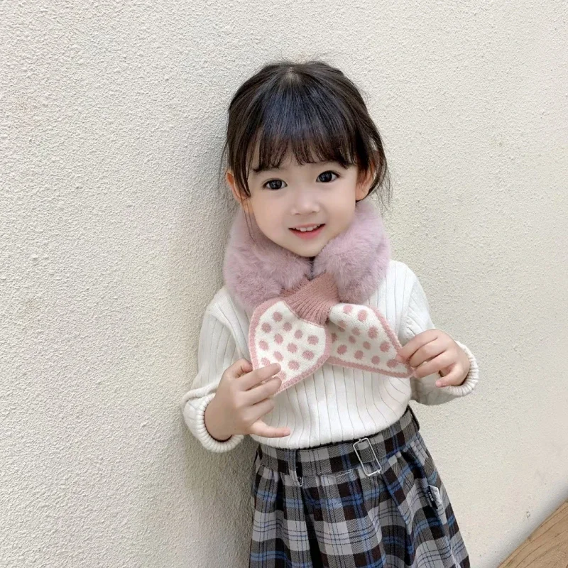 Fashion Children Girl Artificial Leather Winter Sweet Scarf Plush Polka Dot Kids Korean Girl Knit Scarf For Baby